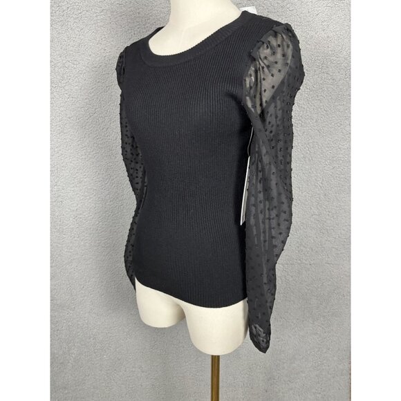 Madden Girl Juniors' Ribbed Sweater Sheer Dotted Mesh Sleeves Black Medium NWT's - Picture 3 of 8